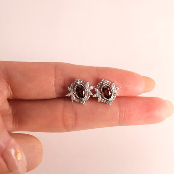 Sterling Silver Crystal Oval Stud Earrings Vintage Red Earrings Minimalist Geome - Picture 3 of 6